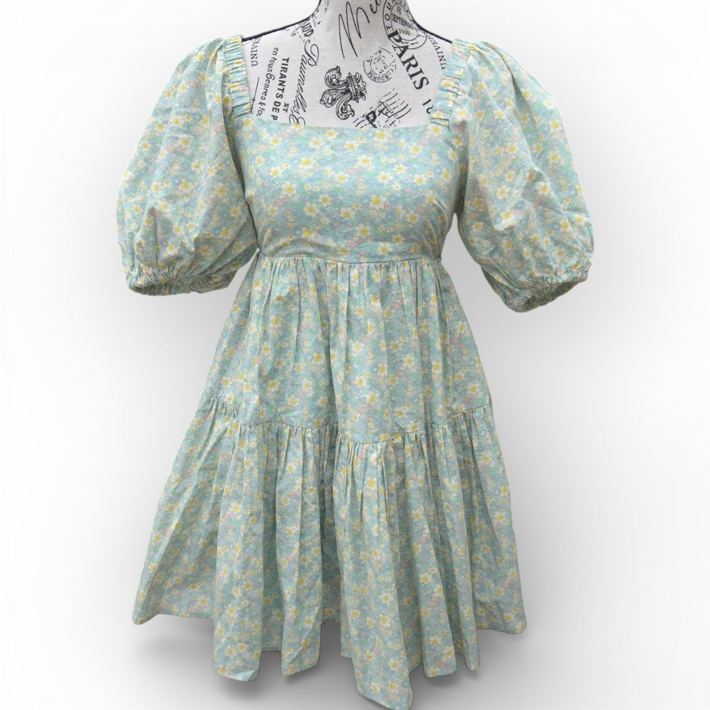 Mable Blue Floral Babydoll Mini Dress Puff Sleeve Cottagecore Small Coquette
